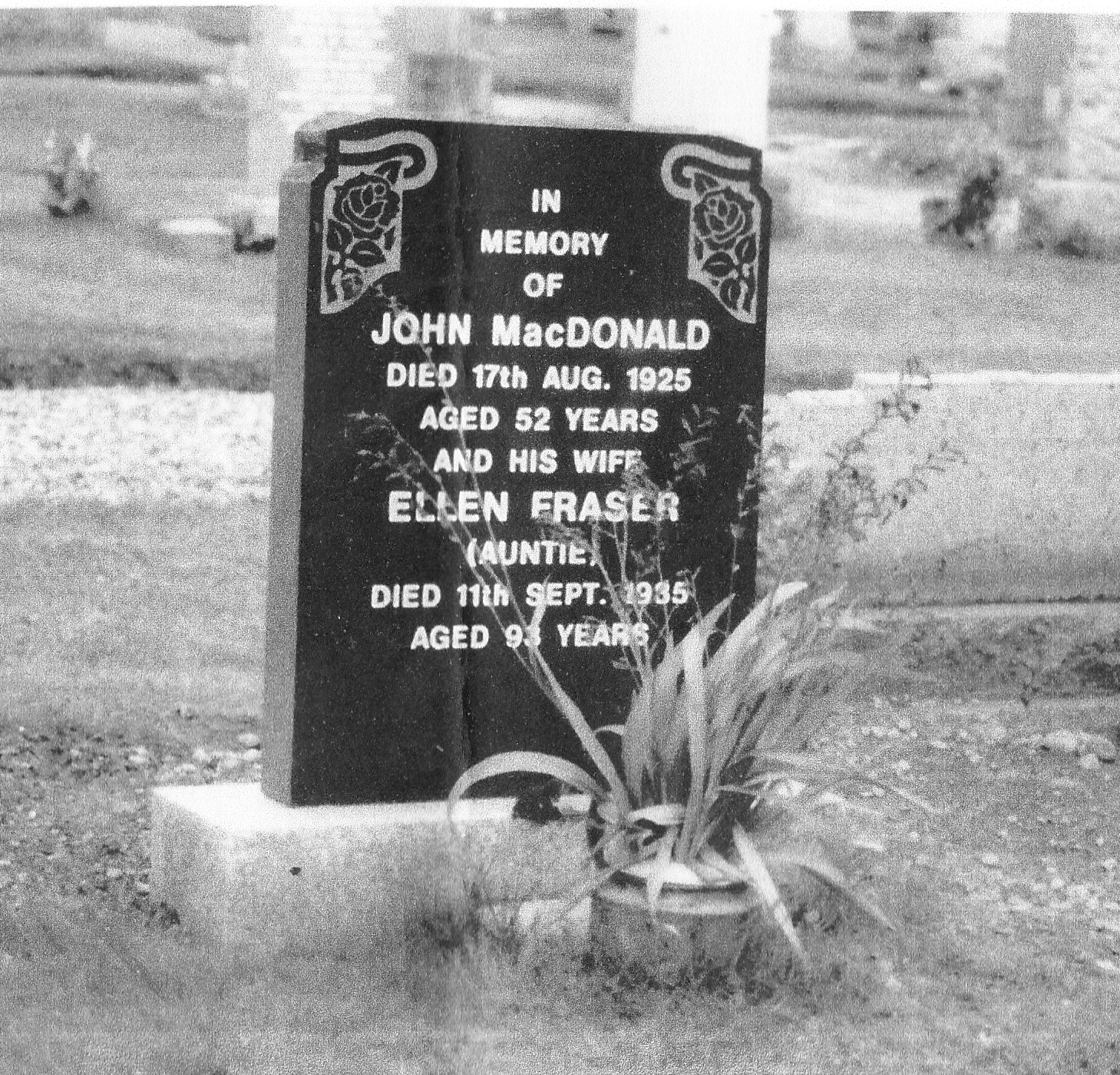 Photo of headstones/Ellen MacDonald (nee Fraser) d1895 hdstn